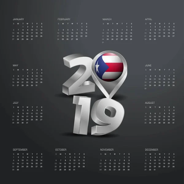 2019 Kalendermall Grå Typografi Med Puerto Rico Land Karta Golden — Stock vektor