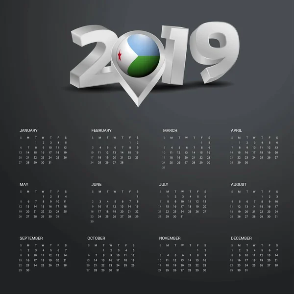 Plantilla Calendario 2019 Tipografía Gris Con Djibouti Mapa Del País — Vector de stock