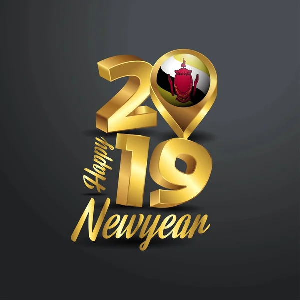 Bonne Année 2019 Golden Typography Brunei Flag Location Pin Pays — Image vectorielle