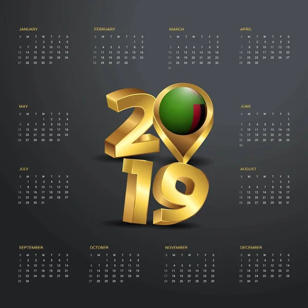 Plantilla Calendario 2019 Tipografía Dorada Con Zambia Mapa Del País — Vector de stock