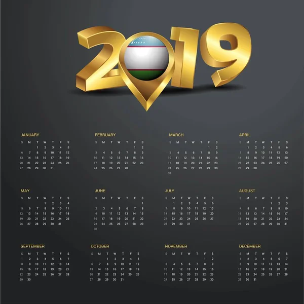 2019 Πρότυπο Ημερολογίου Χώρα Ουζμπεκιστάν Χάρτη Χρυσή Τυπογραφία Κεφαλίδα — Διανυσματικό Αρχείο