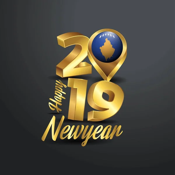 Szczęśliwego Nowego Roku 2019 Typografii Golden Flaga Kosowa Pinezkę Wzór — Wektor stockowy