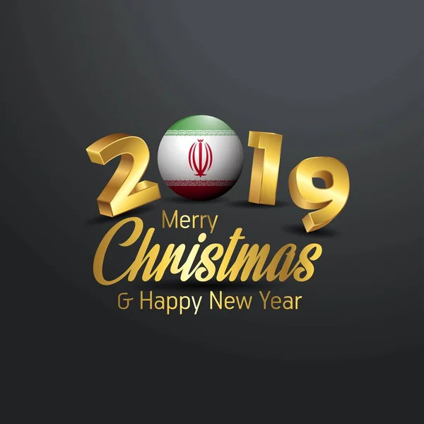 イラン国旗 2019年メリー クリスマス タイポグラフィ 正月抽象的な背景 — ストックベクタ
