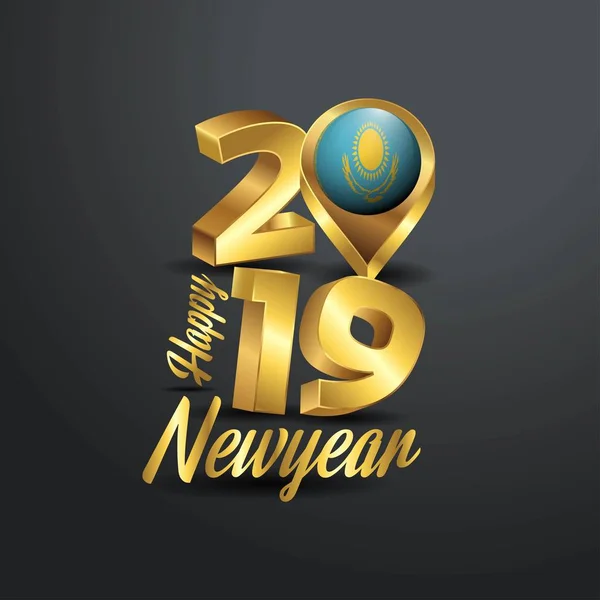 Gelukkig Nieuwjaar 2019 Golden Typografie Met Kazachstan Vlag Locatie Pin — Stockvector