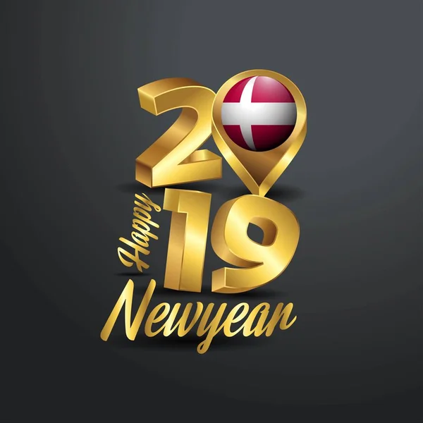 Feliz Año Nuevo 2019 Tipografía Oro Con Bandera Dinamarca Localización — Archivo Imágenes Vectoriales