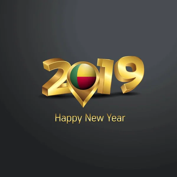 Bonne Année 2019 Golden Typographie Avec Drapeau Bénin Location Pin — Image vectorielle