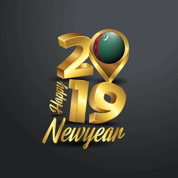 快乐的新年2019年黄金版式与土库曼斯坦国旗位置引脚 国旗设计 — 图库矢量图片
