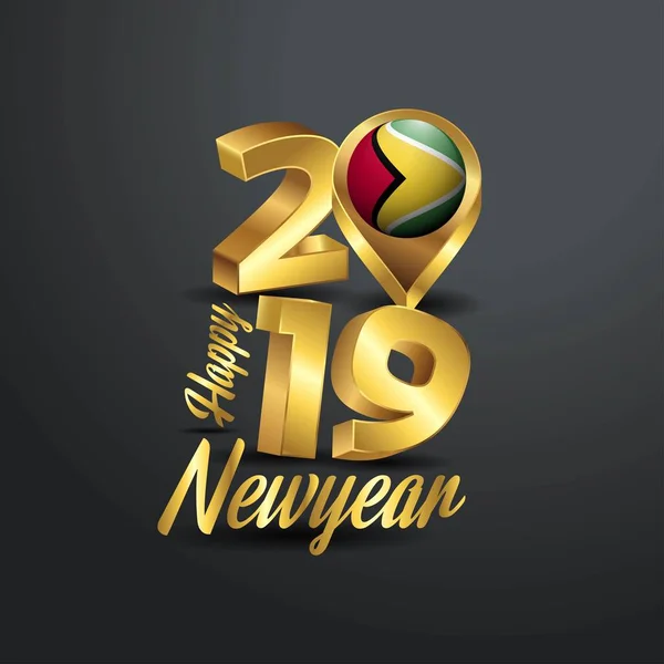 Boldog Évet 2019 Arany Tipográfia Guyanai Zászló Helyét Pin Kóddal — Stock Vector
