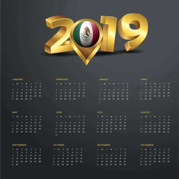 Modello Calendario 2019 Messico Mappa Paese Golden Typography Header — Vettoriale Stock