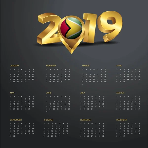 Plantilla Calendario 2019 Guyana Mapa Del País Golden Typography Header — Vector de stock