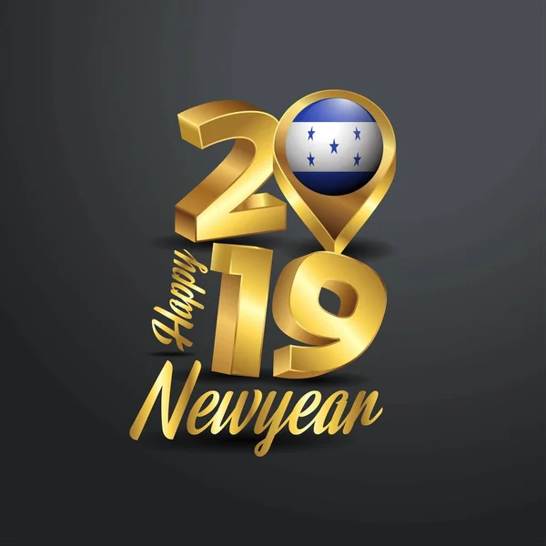 Feliz Año Nuevo 2019 Tipografía Oro Con Bandera Honduras Localización — Vector de stock