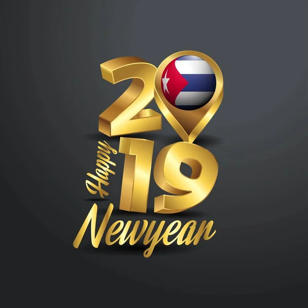 Feliz Ano Novo 2019 Tipografia Ouro Com Cuba Bandeira Localização — Vetor de Stock