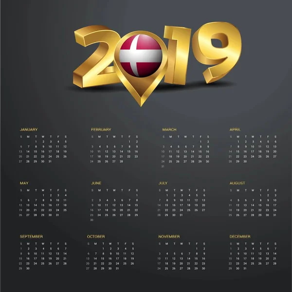2019 Calendar Template Denmark Country Map Golden Typography Header — Stock Vector