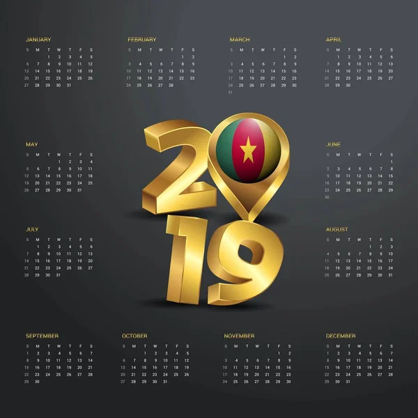 Šablona Kalendáře 2019 Zlatá Typografie Kamerun Země Mapa Zlatých Typografie — Stockový vektor