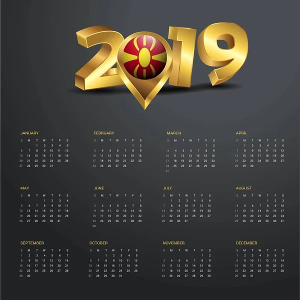 Modelo Calendário 2019 Macedónia Mapa País Golden Typography Header — Vetor de Stock