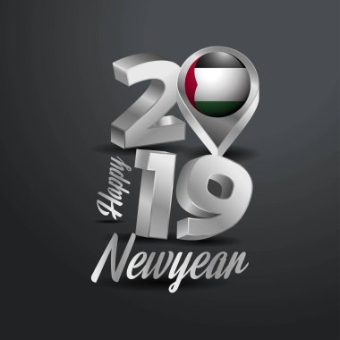 Mutlu yeni yıl 2019 gri tipografi Palestine bayrak konumu iğne ile. Ülke bayrağı tasarım