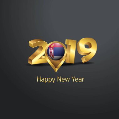 Mutlu yeni yıl 2019 altın tipografi Sırbistan bayrağı konumu iğne ile. Ülke bayrağı tasarım