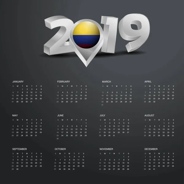 Plantilla Calendario 2019 Tipografía Gris Con Colombia Mapa Del País — Vector de stock