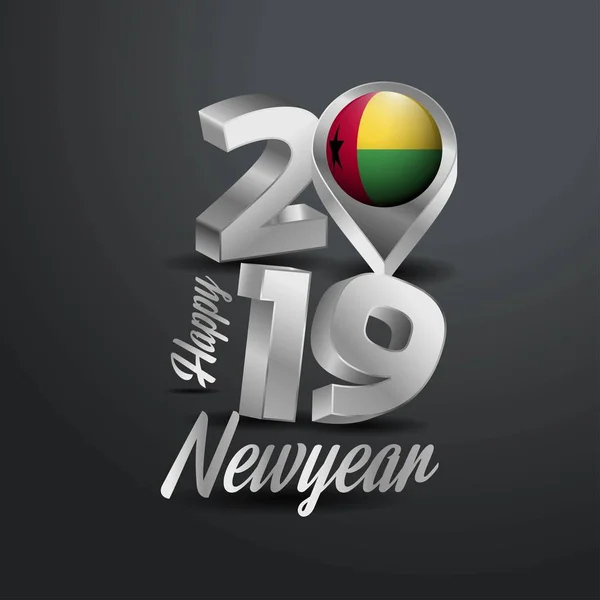 Ευτυχισμένο Νέο Έτος 2019 Γκρι Τυπογραφία Γουινέα Μπισάου Σημαία Καρφίτσα — Διανυσματικό Αρχείο