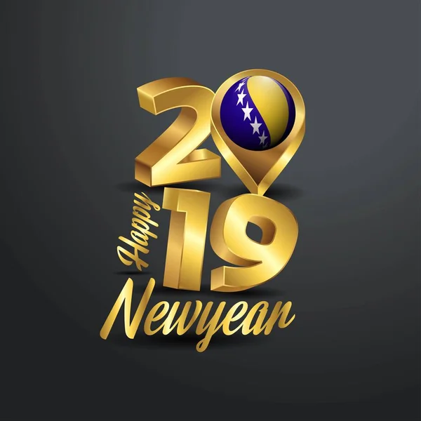 Szczęśliwego Nowego Roku 2019 Typografii Golden Pin Lokalizacji Flaga Bośni — Wektor stockowy