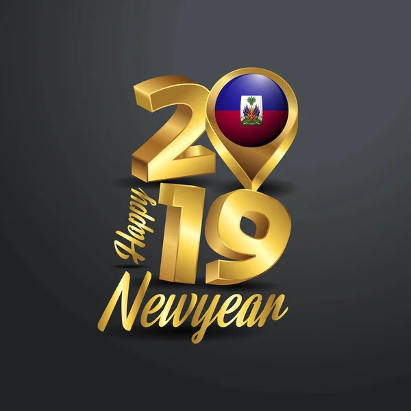 Feliz Ano Novo 2019 Tipografia Dourada Com Pino Localização Bandeira — Vetor de Stock