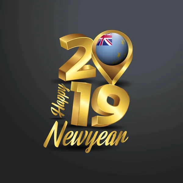 Szczęśliwego Nowego Roku 2019 Typografii Golden Flaga Tuvalu Pinezkę Wzór — Wektor stockowy