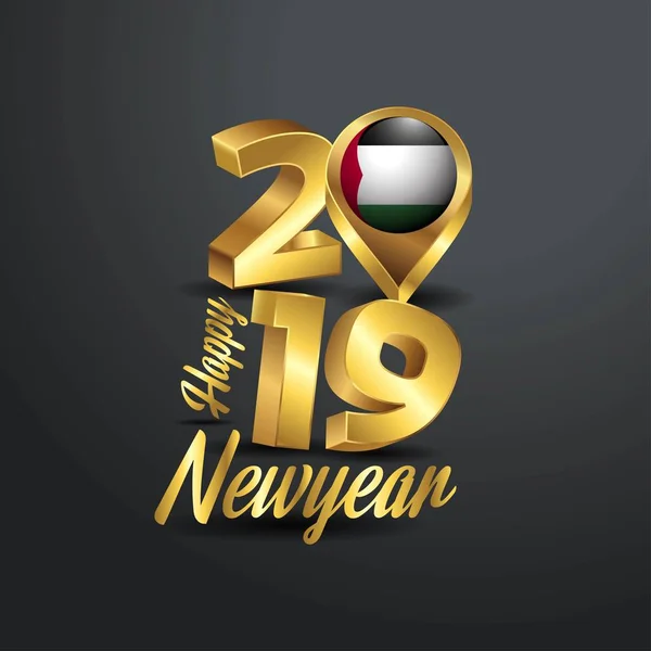 Gelukkig Nieuwjaar 2019 Golden Typografie Met Palestina Vlag Locatie Pin — Stockvector