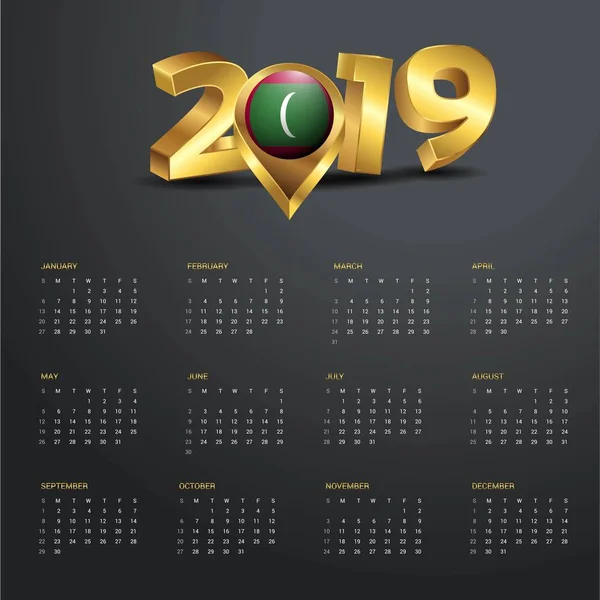 2019 Calendar Template Maldives Country Map Golden Typography Header — Stock Vector