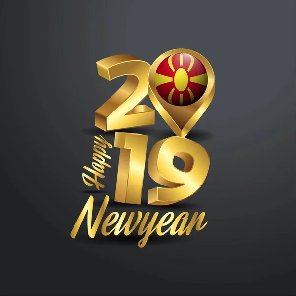 Boldog Évet 2019 Arany Tipográfia Macedónia Zászló Helyét Pin Kóddal — Stock Vector