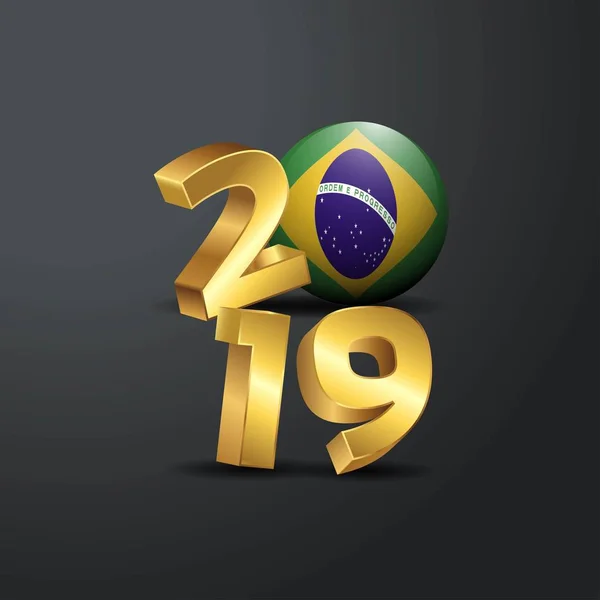 2019 Gyllene Typografi Med Brasilien Flagga Gott Nytt Bokstäver — Stock vektor