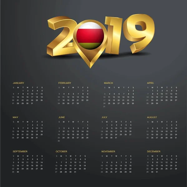 2019 Calendar Template South Ossetia Country Map Golden Typography Header — Stock Vector