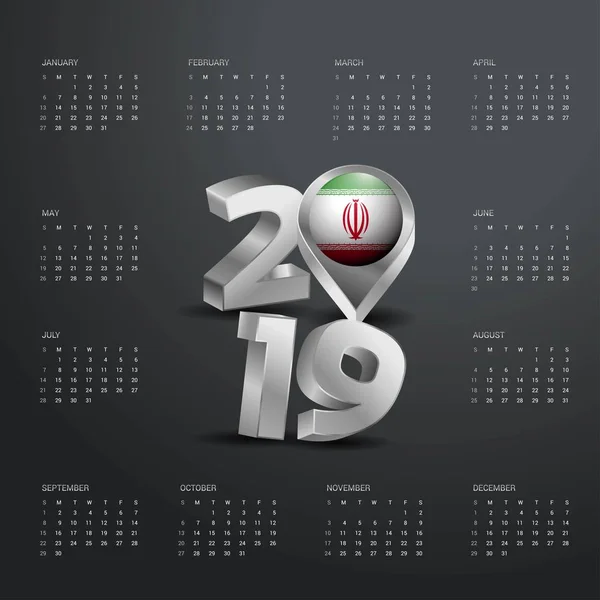 Modello Calendario 2019 Tipografia Grigia Con Iran Mappa Paese Golden — Vettoriale Stock