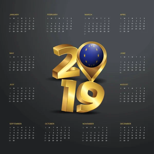 Plantilla Calendario 2019 Tipografía Dorada Con Unión Europea Mapa Del — Vector de stock