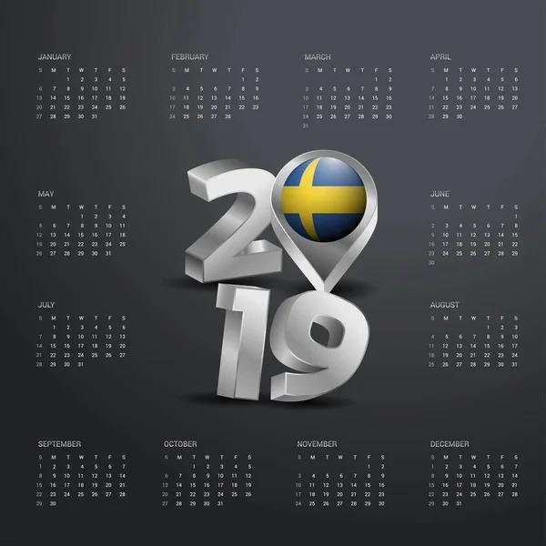 2019 Szablon Kalendarza Szary Typografii Szwecja Kraju Mapa Złote Typografii — Wektor stockowy