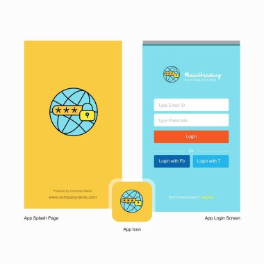 Şirket korumalı Internet Splash ekran ve oturum açma sayfası Tasarım Logo şablonu ile. Mobil Online iş şablonu
