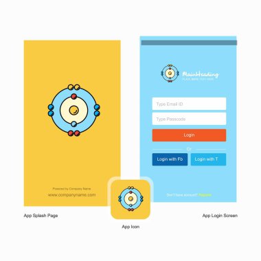 Şirket atomlar ekranı ve oturum açma sayfası Tasarım Logo şablonu ile. Mobil Online iş şablonu