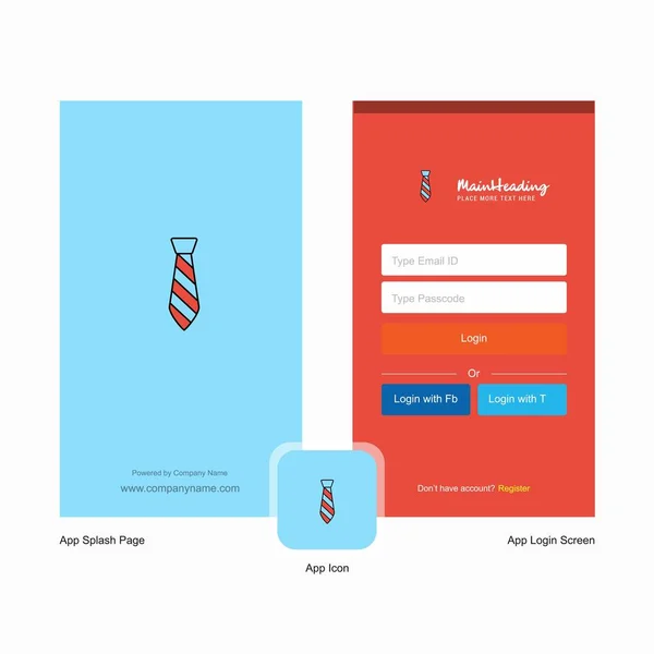 Компания Tie Splash Screen Дизайн Login Page Шаблоном Логотипа Шаблон — стоковый вектор