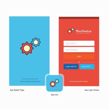 Karşılama ekranı ve giriş sayfası tasarımı Logo şablonu ile ayarlama şirket dişli. Mobil Online iş şablonu