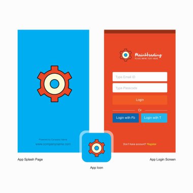 Şirket kurma ekranı ve oturum açma sayfası tasarımı Logo şablonu ile dişli. Mobil Online iş şablonu