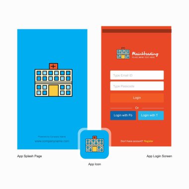 Şirket hastane ekranı ve oturum açma sayfası Tasarım Logo şablonu ile. Mobil Online iş şablonu