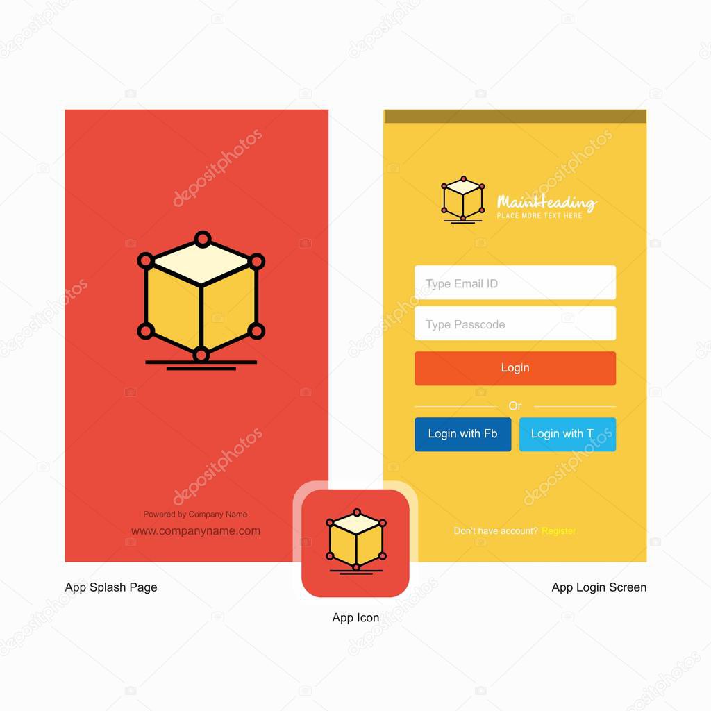 Company Cube Splash Screen and Login Page design with Logo template. Mobile Online Business Template