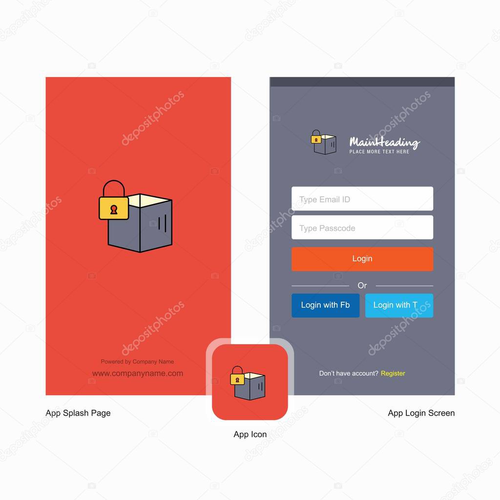 Company Locked box Splash Screen and Login Page design with Logo template. Mobile Online Business Template