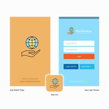 Şirket güvenli dünya Tasarım Logo şablonu ile ekranı ve oturum açma sayfası. Mobil Online iş şablonu