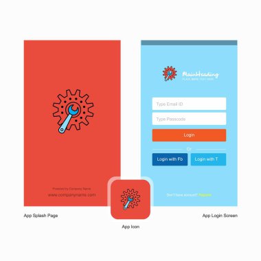 Karşılama ekranı ve giriş sayfası tasarımı Logo şablonu ile ayarlama şirket dişli. Mobil Online iş şablonu