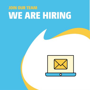 Bize katıl. Busienss şirket e-posta üstünde laptop biz çoğu işe Poster belirtme çizgisi tasarım. Vektör arka plan