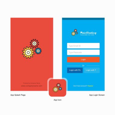 Karşılama ekranı ve giriş sayfası tasarımı Logo şablonu ile ayarlama şirket dişli. Mobil Online iş şablonu