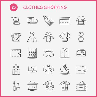 Web, baskı ve mobil Ux/UI için elle çizilmiş simgesi alışveriş giyim seti. Gibi: hastane, sepet, alışveriş, Bilet, Bilet, seyahat, alışveriş, piktogram Pack sepeti. -Vektör