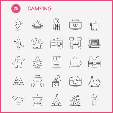 Kamp el çekilmiş Icons Set için Infographics, mobil Ux/UI kiti 