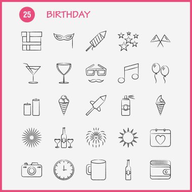 Web, baskı ve mobil Ux/UI için doğum günü elle çizilmiş simge seti. Gibi: Takvim, gün, Tarih, aşk, cam, içki, şarap, buğday, piktogram paketi. -Vektör