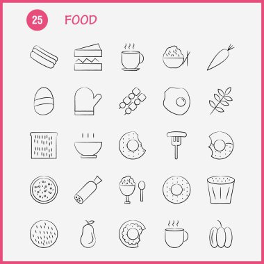 Gıda el çekilmiş Icons Set için Infographics, mobil Ux/UI Kit ve baskı tasarımı. Şunları içerir: Bisküvi, tatlı, yemek, yemek, sosis, et, gıda, yemek, koleksiyon Modern Infographic Logo ve piktogram. Vektör